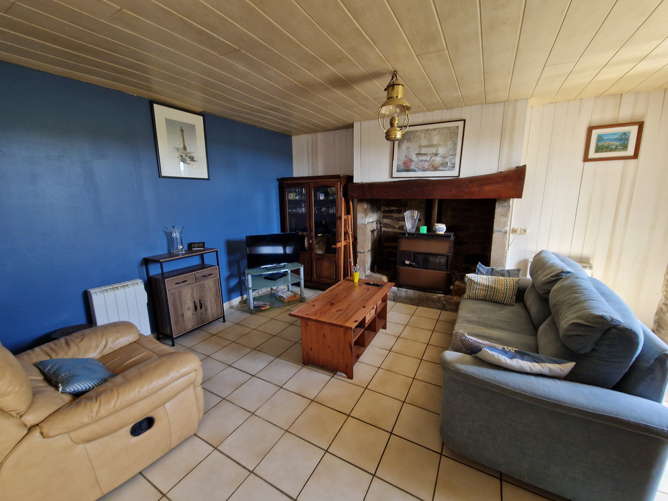 Salon chaleureux avec cheminée en pierres
